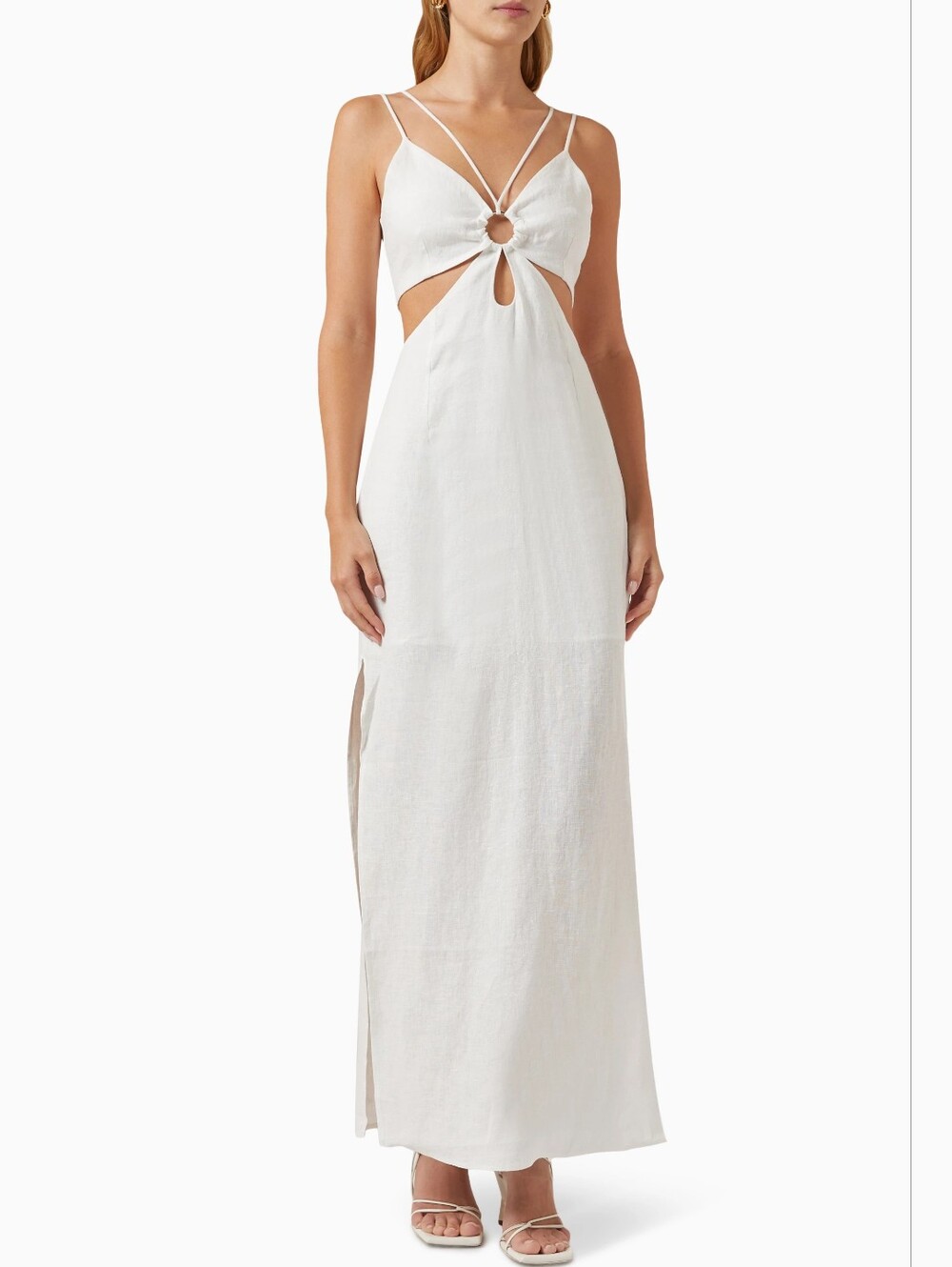 Misha Calder White Strappy Side Slit Vacation Tropical Bridal Maxi Dress Size‎ M
